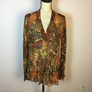 Chico’s 100% Silk Blouse Tunic Top Size 2 Womans L Multicolor V-Neck Long Sleeve
